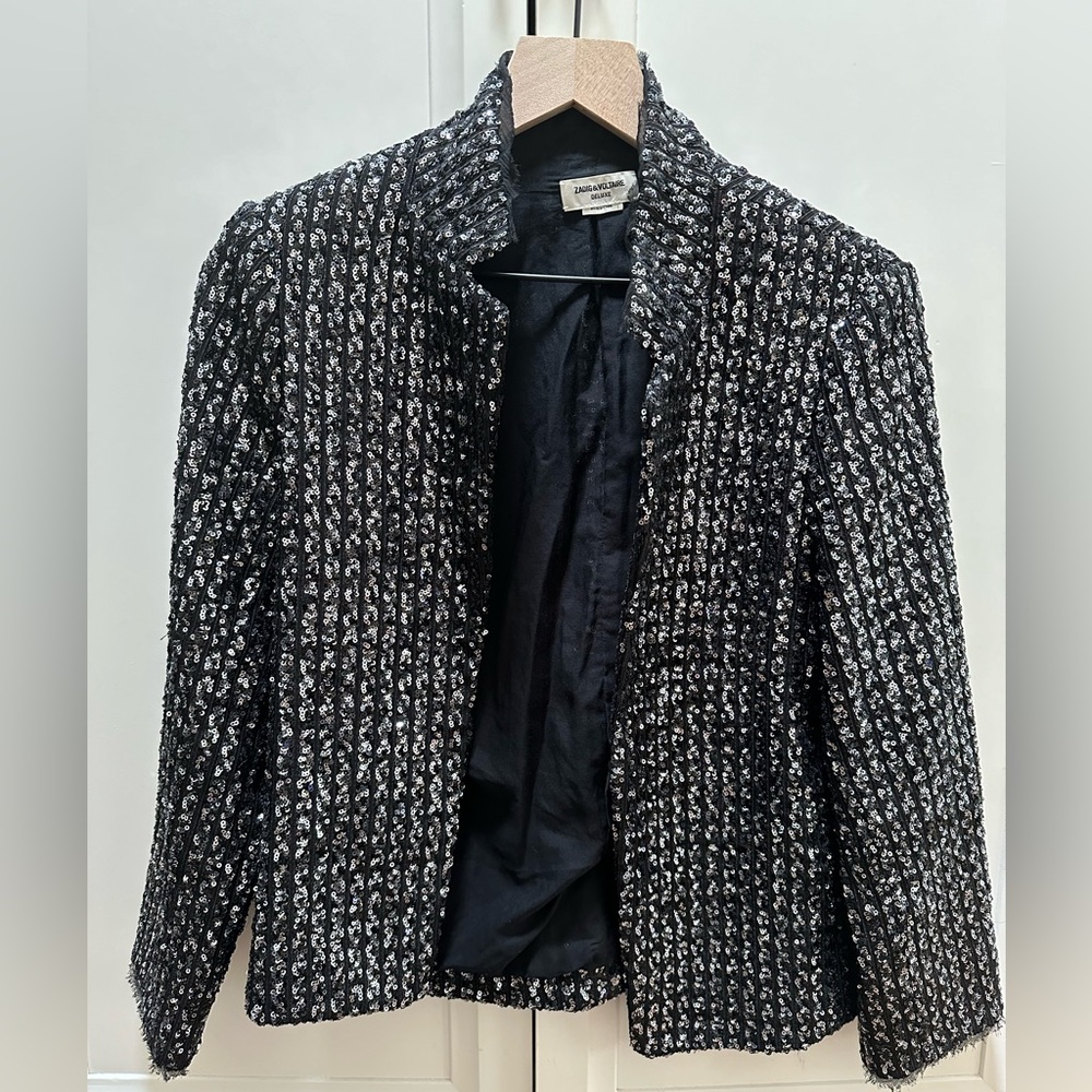 Zadig & Voltaire Black Sequin Open Blazer Size Small